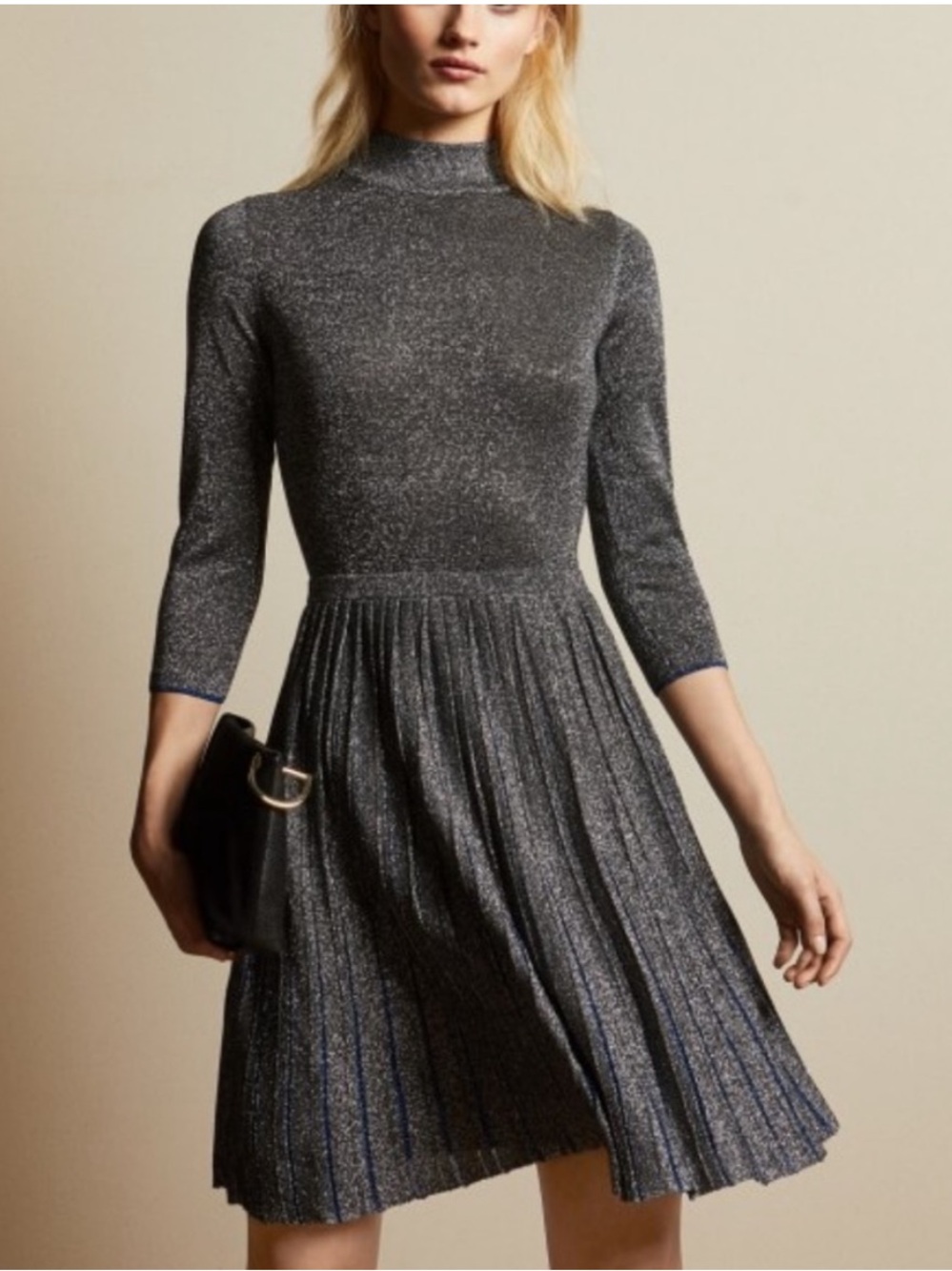 Ted Baker London Silver Metallic Pleated Fit-and-Flare Dress